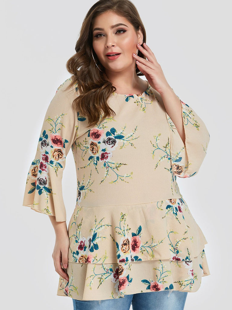 Round Neck Floral Print 3/4 Sleeve Flounced Hem Khaki Plus Size Tops