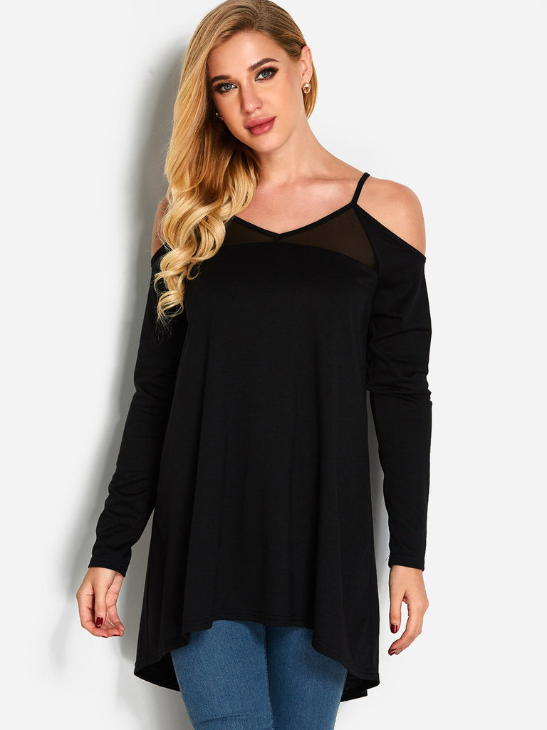 V-Neck Cold Shoulder Cut Out Long Sleeve Curved Hem Black T-Shirts
