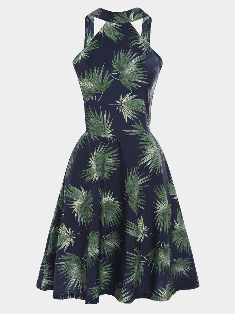 Green Halter Sleeveless Floral Print Backless Mini Dress