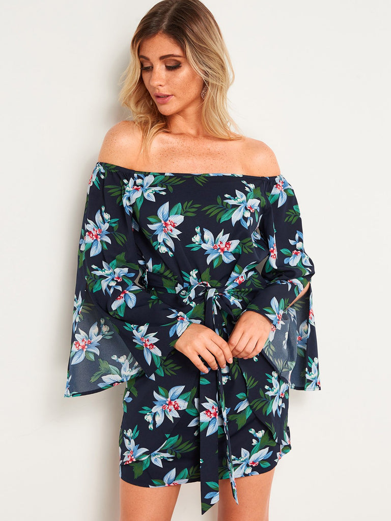 Navy Off The Shoulder Long Sleeve Floral Print Slit Mini Dress