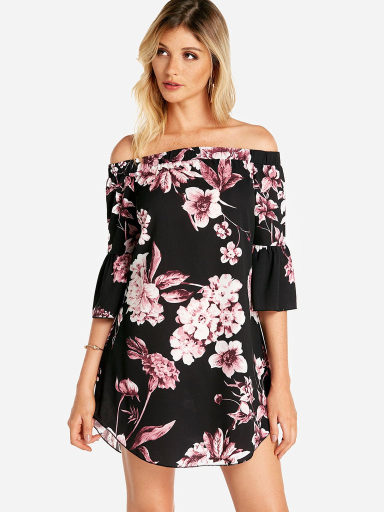 Black Off The Shoulder Half Sleeve Floral Print Curved Hem Dresses