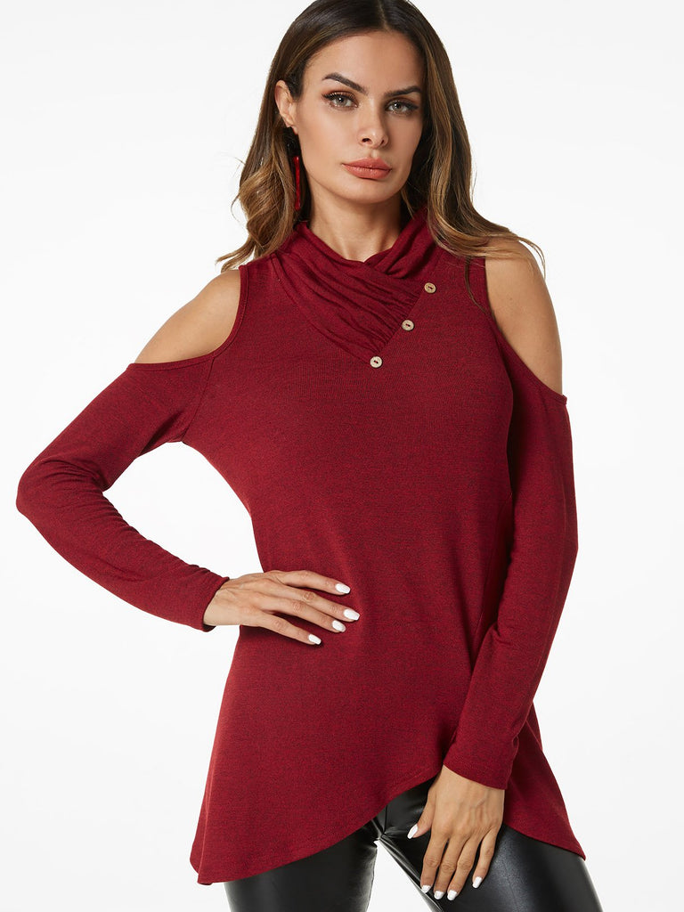 Cold Shoulder Crossed Front Long Sleeve Irregular Hem Burgundy T-Shirts
