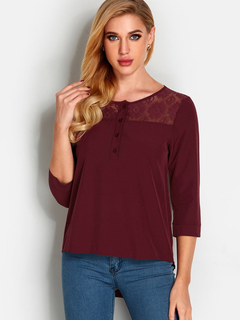 Round Neck Lace 3/4 Sleeve Irregular Hem Burgundy T-Shirts