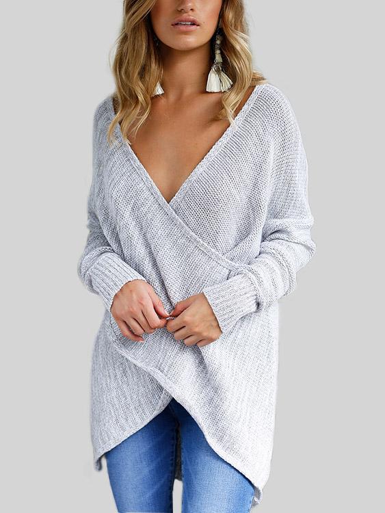 Grey V-Neck Long Sleeve Crossed Front Irregular Hem Sweaters