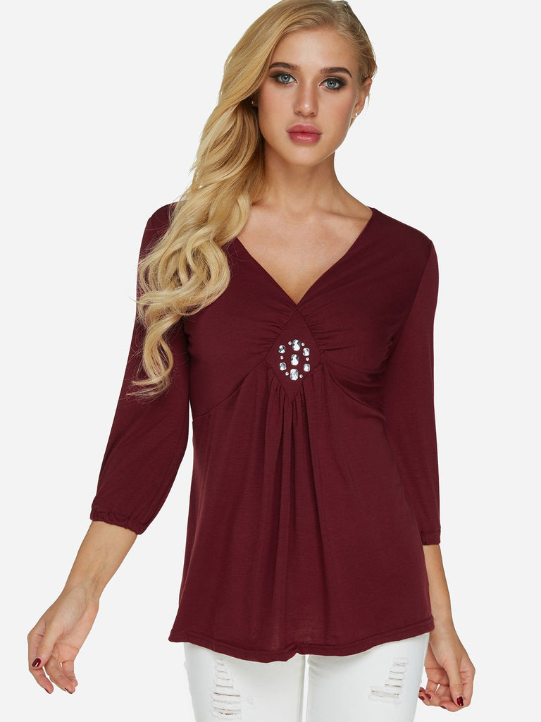 V-Neck Pleated Sequins Embellished 3/4 Sleeve Burgundy T-Shirts