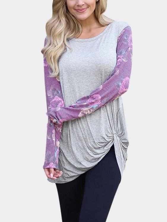 Crew Neck Floral Print Long Sleeve Irregular Hem Grey T-Shirts