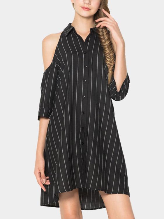 Loose Cold Shoulder Stripes Mini Dresses With Buttons