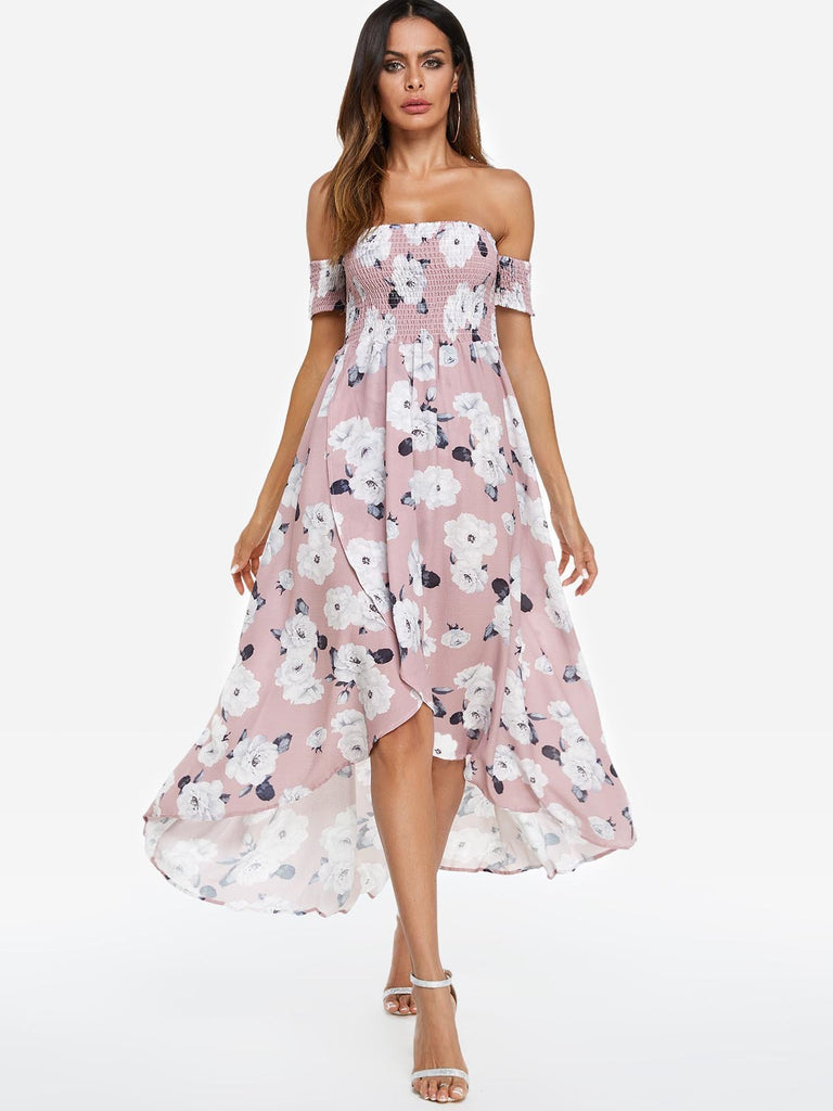 Pink Bateau Short Sleeve Floral Print Backless Pleated Irregular Hem Dresses