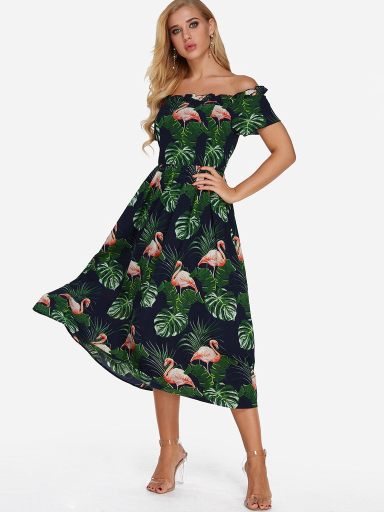 Green Off The Shoulder Short Sleeve Printed Zip Back Dresses