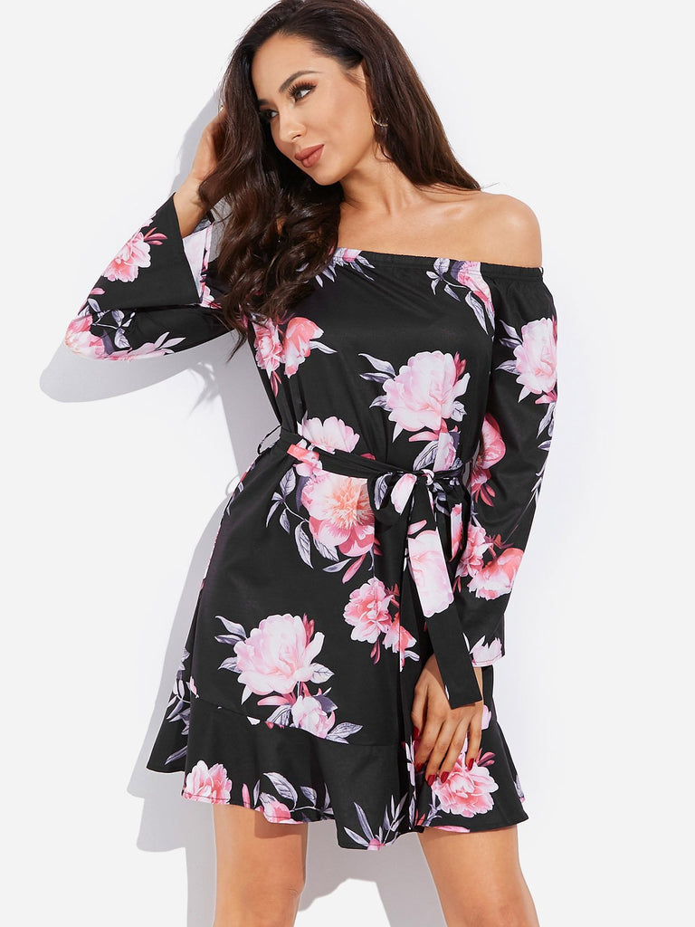 Black Off The Shoulder Long Sleeve Floral Print Self-Tie Mini Dress
