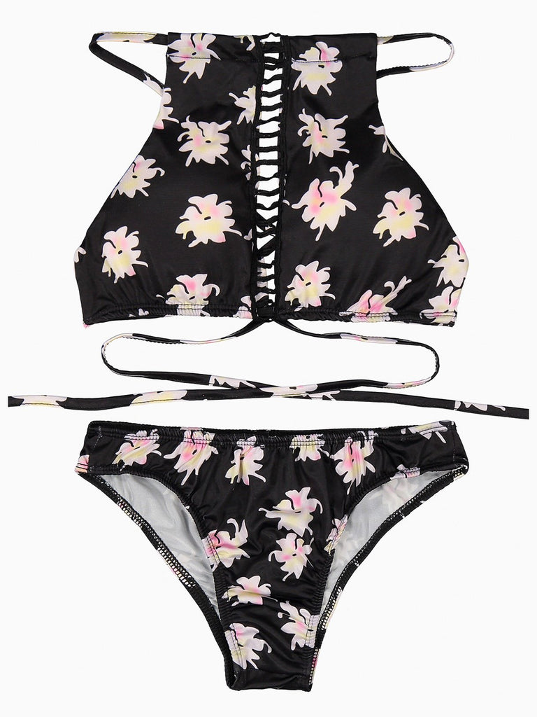 Black Sleeveless Floral Print Two Piece Bikinis