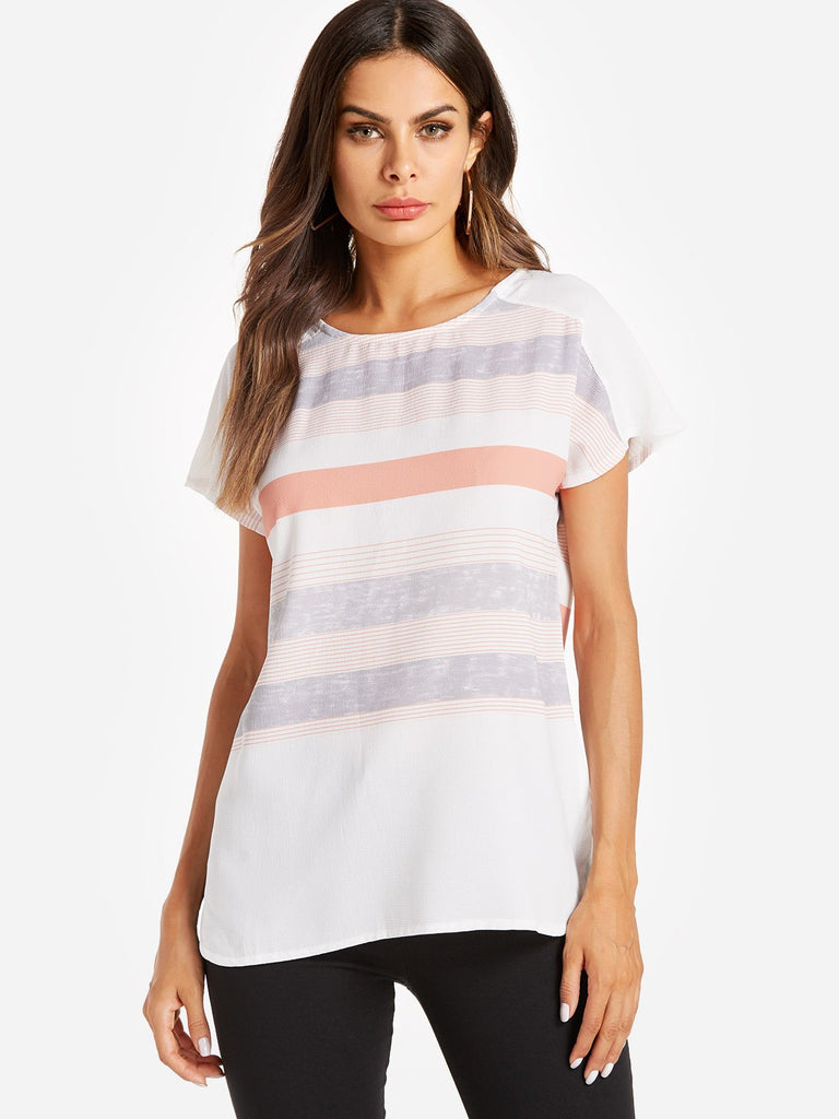 Round Neck Stripe Short Sleeve Blouses