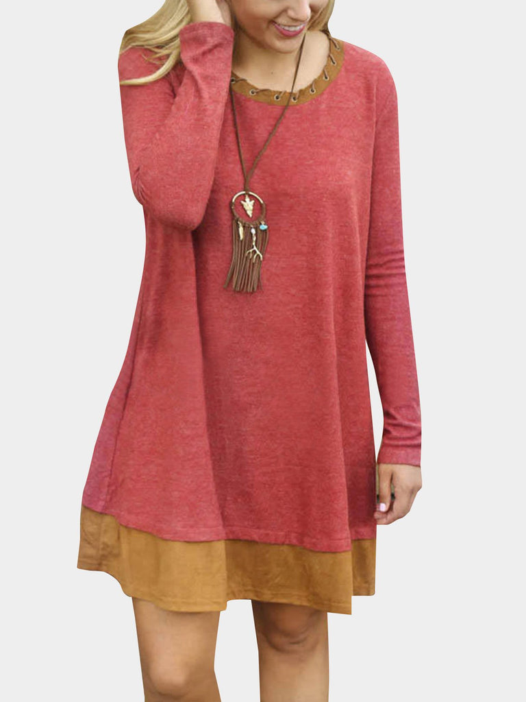 Red Round Neck Long Sleeve Midi Dress