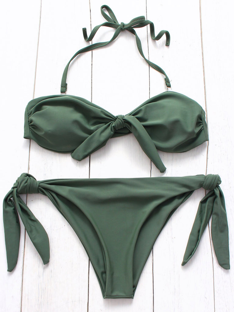 Green Off The Shoulder Sleeveless Plain Self-Tie Bikinis
