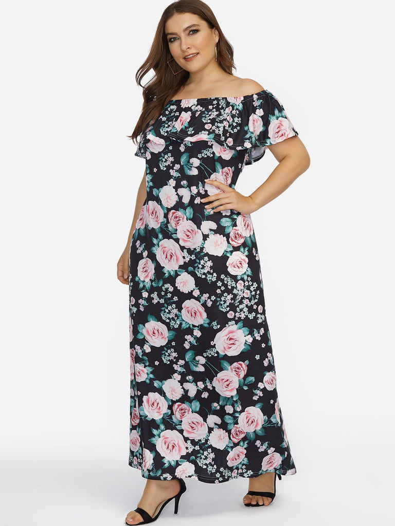 Cold Shoulder Floral Print Short Sleeve Plus Size Dresses