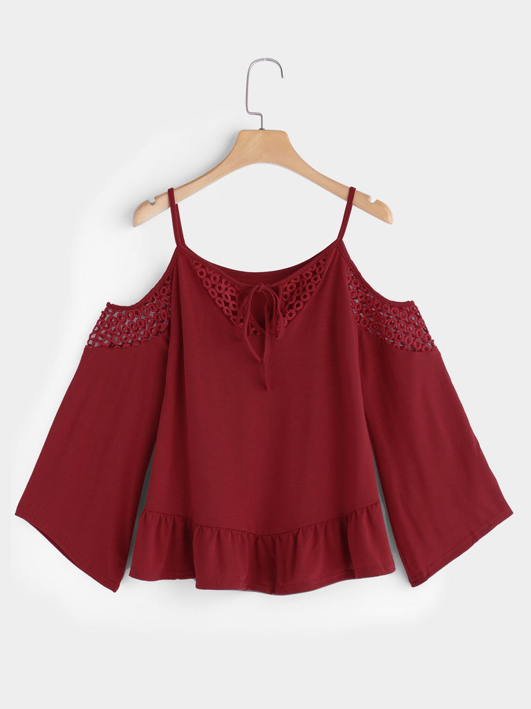 Plain Hollow Lace-Up Cut Out Spaghetti Strap Long Sleeve Ruffle Hem Blouses