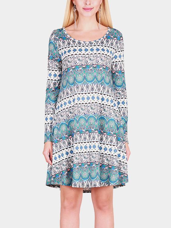 Round Neck Long Sleeve Geometrical Casual Dresses