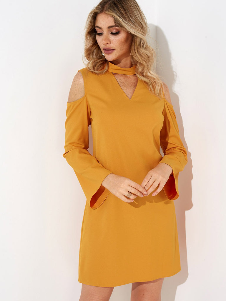 Yellow Chimney Collar Long Sleeve Plain Hooded Cut Out Sexy Dresses