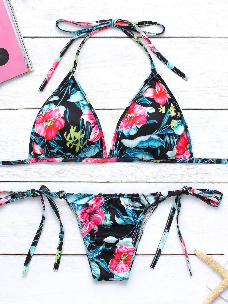 V-Neck Floral Print Backless Two Pieces Bikini