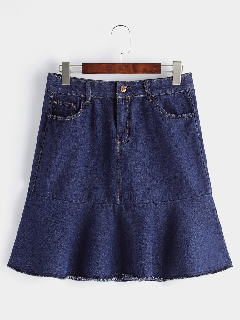 Plain Flounced Hem Navy Plus Size Bottoms