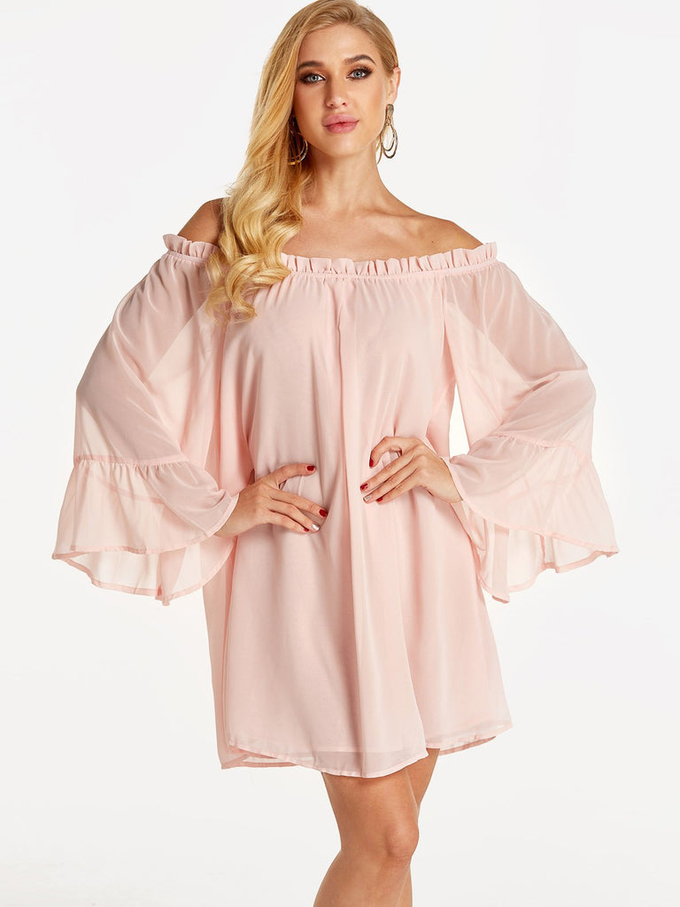 Off The Shoulder Long Sleeve Pink Mini Dress