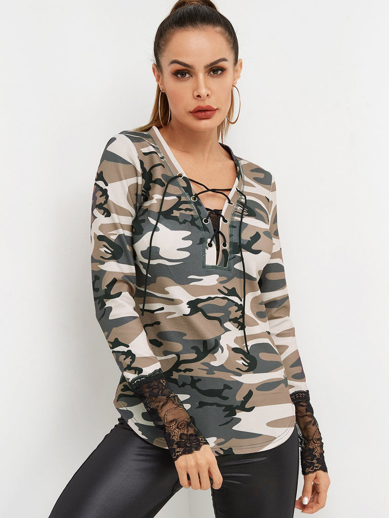 V-Neck Lace Lace-Up Long Sleeve Curved Hem Camo Top