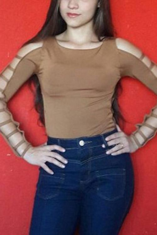 Round Neck Cut Out Long Sleeve Brown T-Shirts