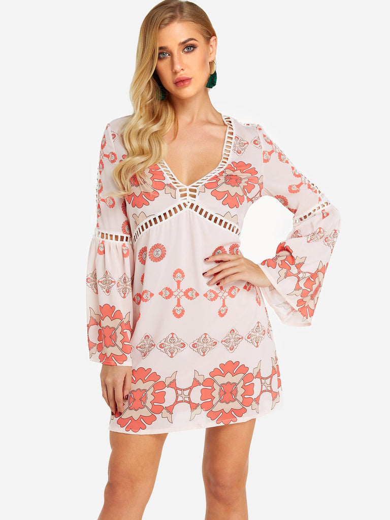 Pink V-Neck Long Sleeve Floral Print Hollow Dresses