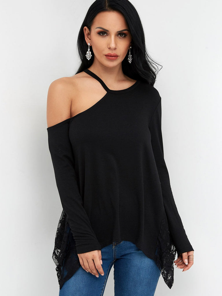 One Shoulder Lace Long Sleeve Irregular Hem Black T-Shirts