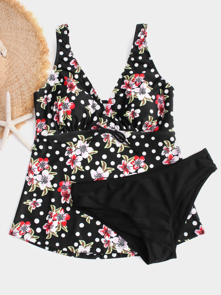 Black V-Neck Polka Dot Floral Print Tie-Up Tankinis