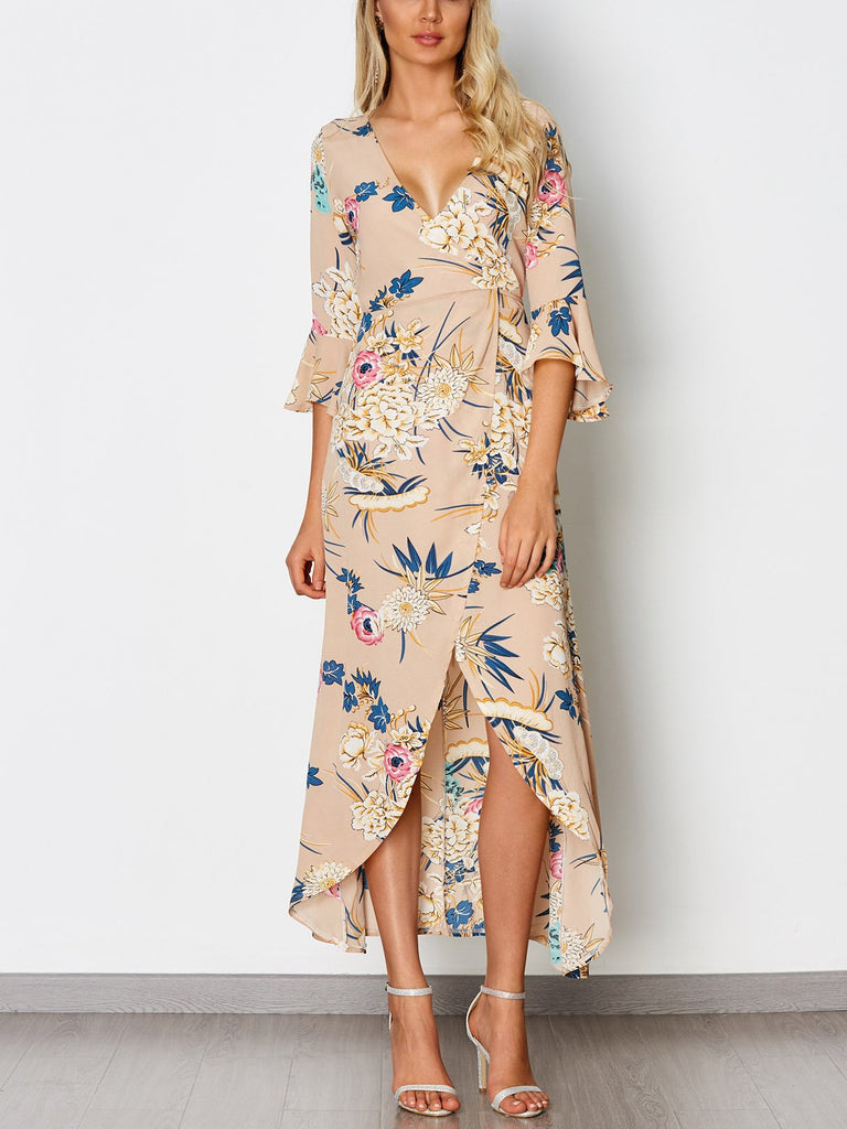 Khaki V-Neck Floral Print Crossed Front Self-Tie Wrap Slit Hem Dresses