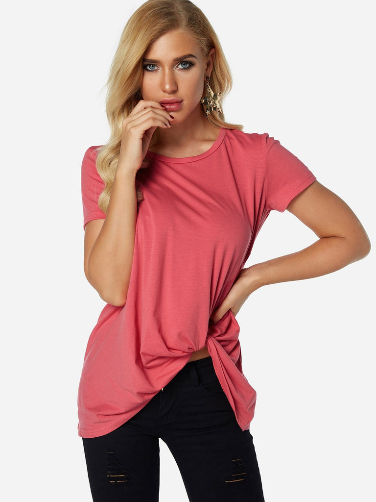 Round Neck Pleated Short Sleeve Irregular Hem T-Shirts