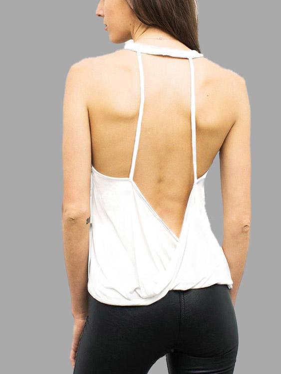 Round Neck Plain Backless Sleeveless White Tank Top