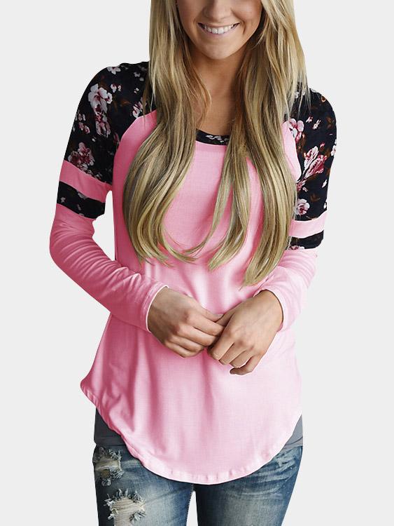 Round Neck Floral Print Long Sleeve Curved Hem Fashion Tee