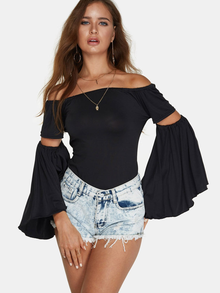 Off The Shoulder Long Sleeve Black T-Shirt