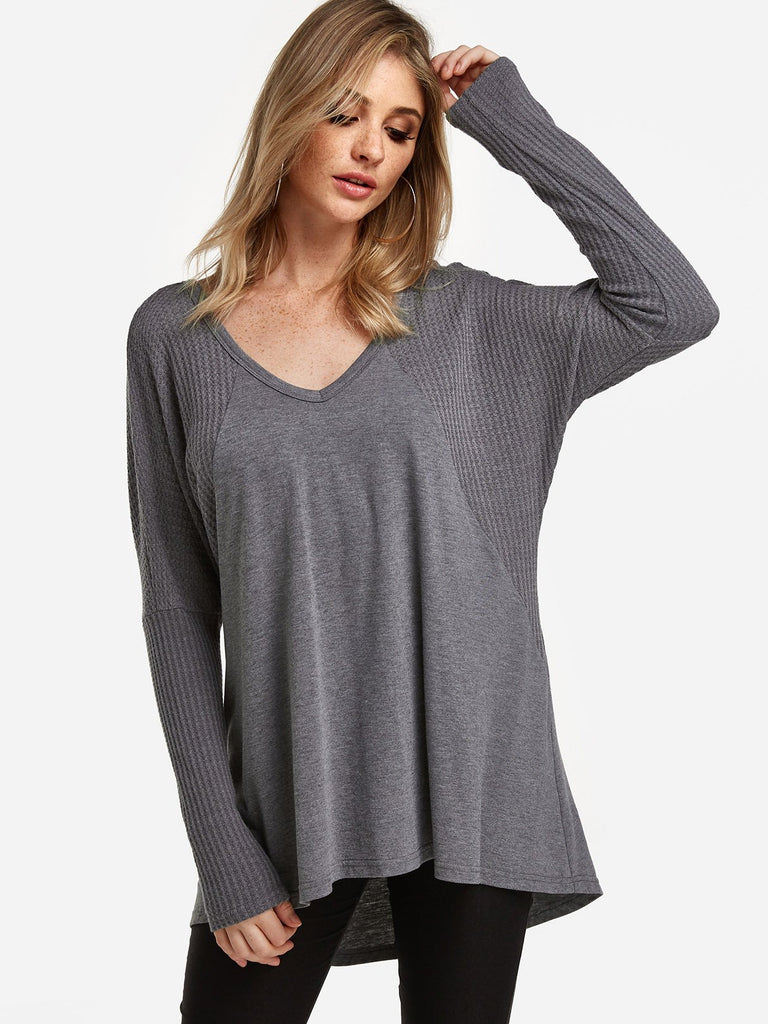 V-Neck Plain Long Sleeve Irregular Hem Grey T-Shirt