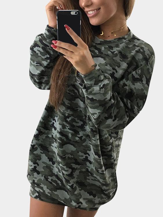 Camouflage Crew Neck Pullover Long Sleeve Bodycon Mini Dresses