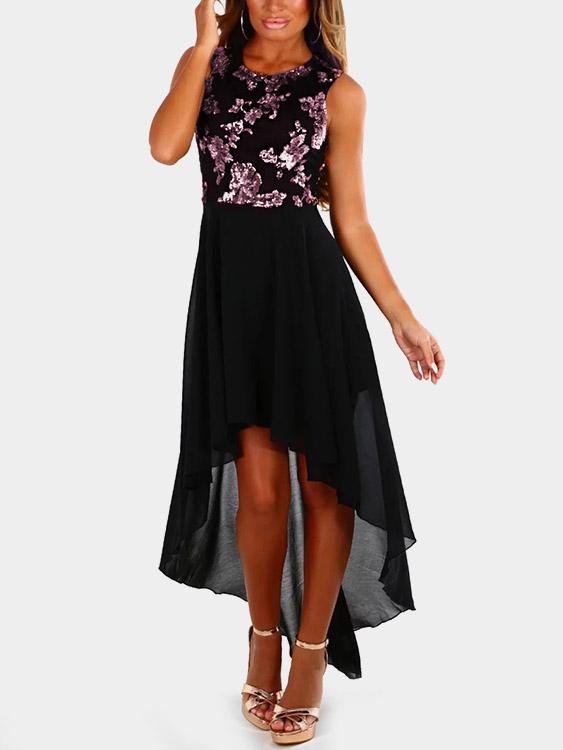 Black Crew Neck Sleeveless Irregular Hem High-Waisted Sexy Dress