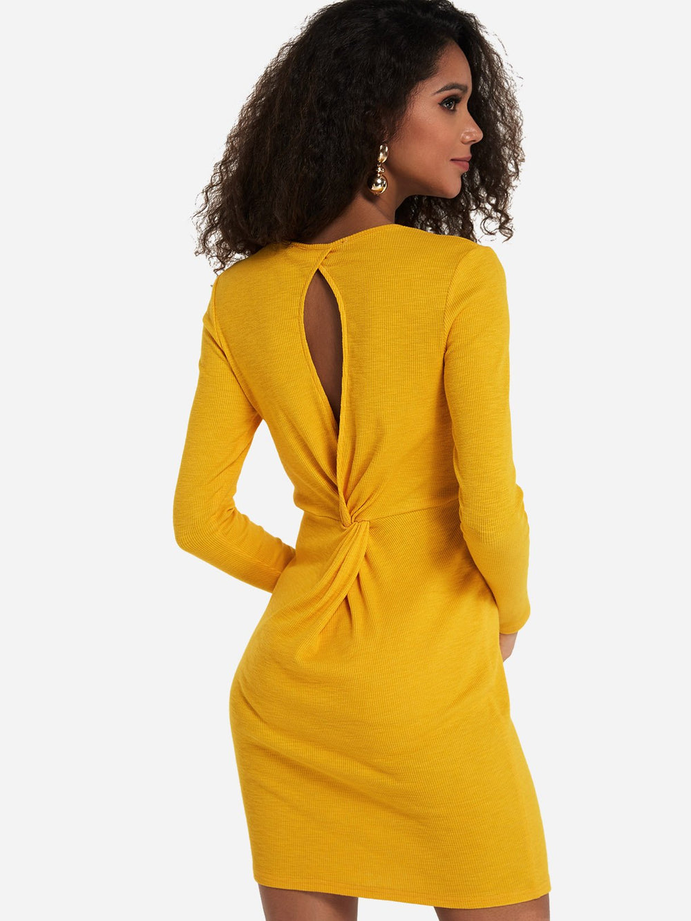 Yellow Round Neck Long Sleeve Plain Cut Out Twist Mini Dress