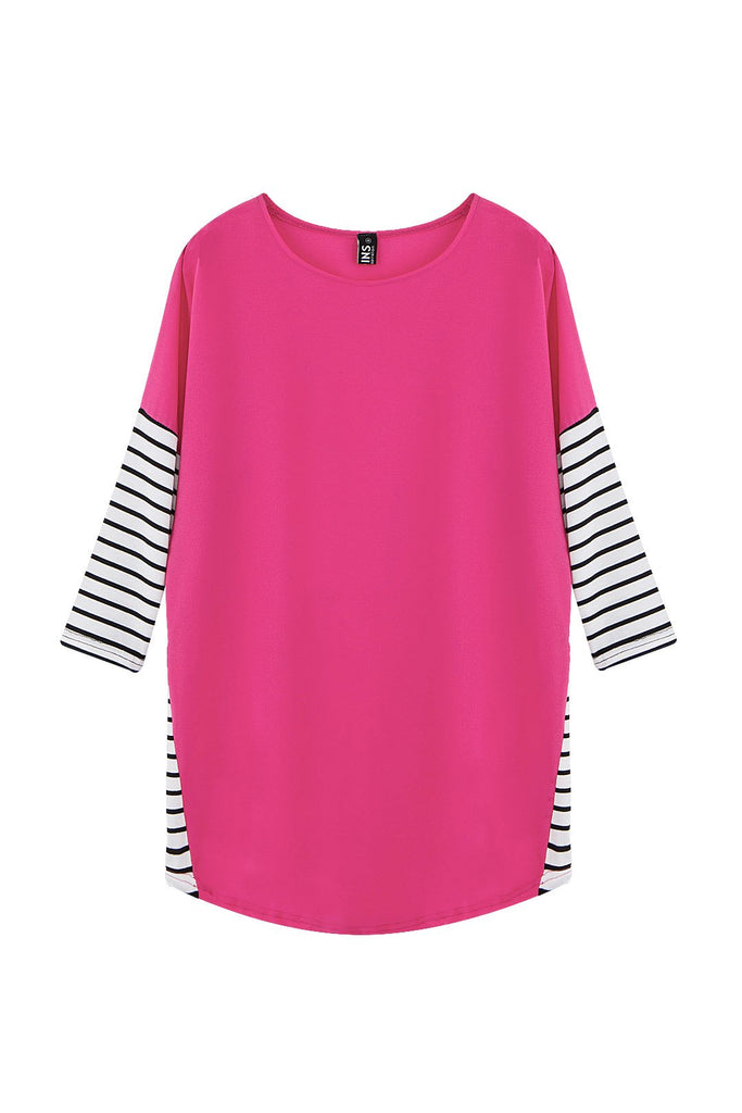 Round Neck Stripe 3/4 Sleeve Irregular Hem Pink T-Shirts