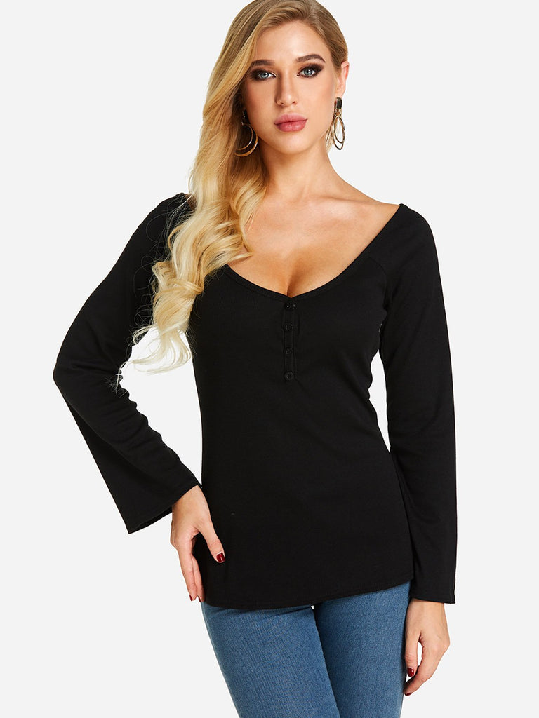 Deep V Neck Plain Long Sleeve Black Top