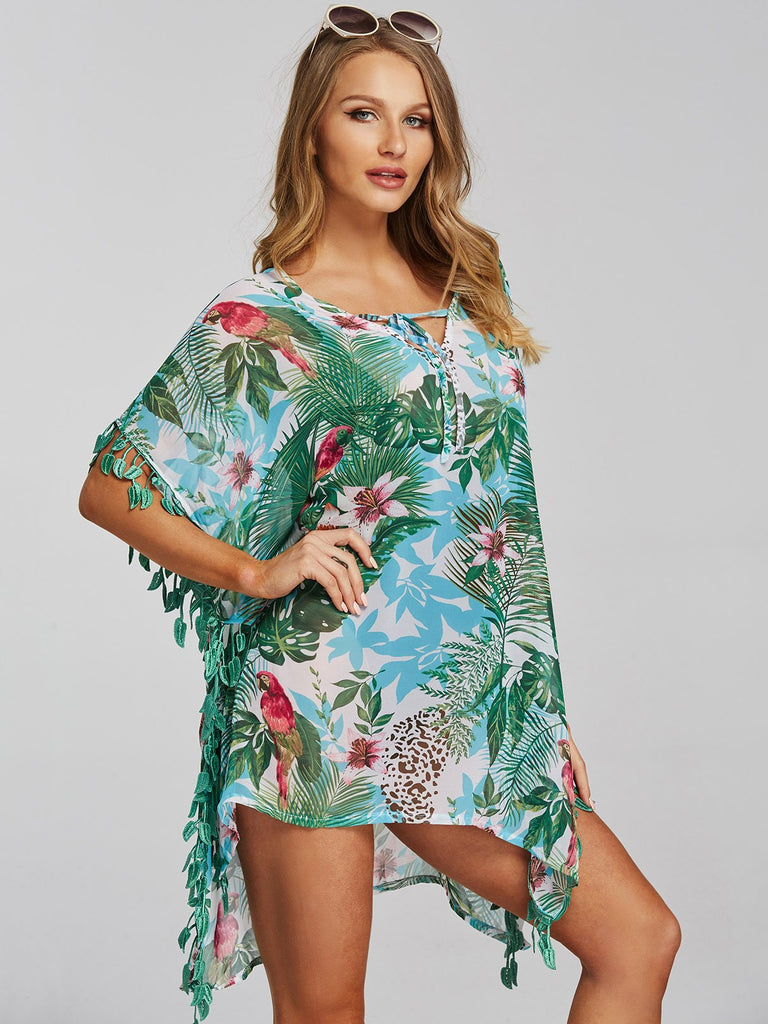 Green V-Neck Half Sleeve Floral Print Tassel Slit Beachwear