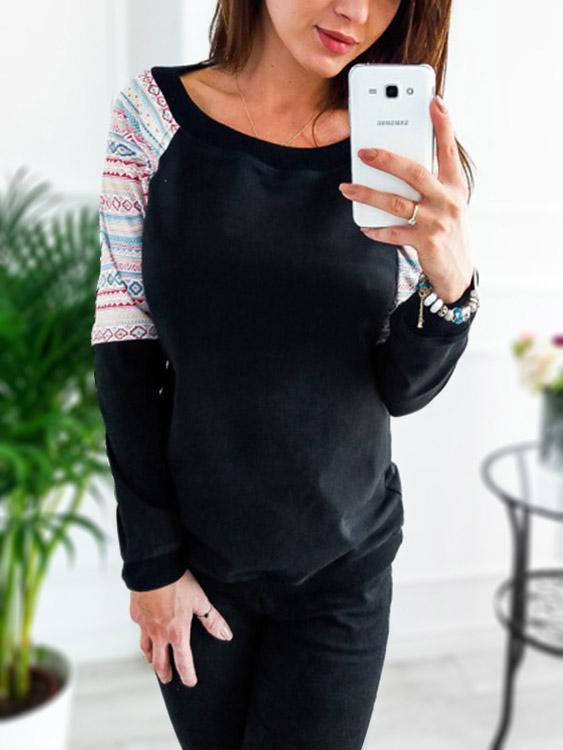 Round Neck Geometrical Long Sleeve Black T-Shirts