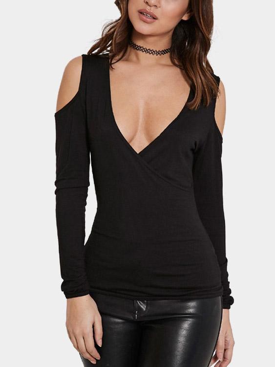 V-Neck Cold Shoulder Long Sleeve T-Shirts