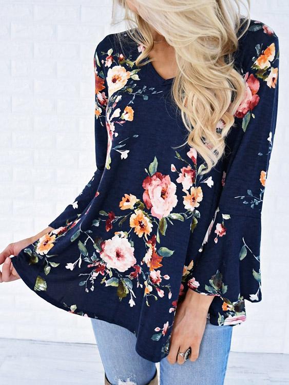 V-Neck Floral Print Long Sleeve Blouses