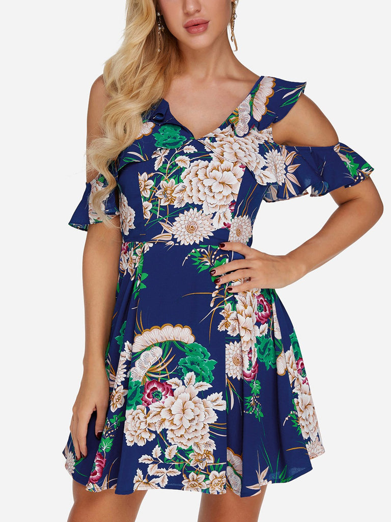 Navy V-Neck Cold Shoulder Short Sleeve Floral Print Zip Back Backless Dresses