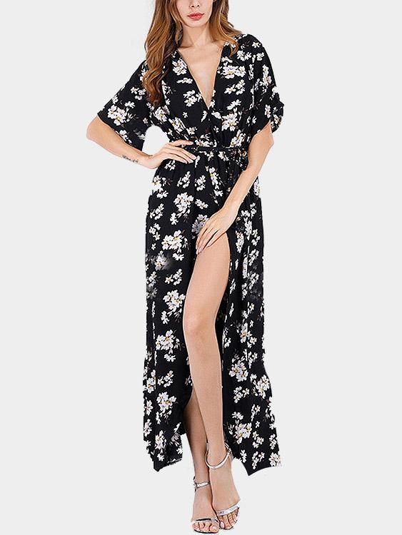 Black Deep V Neck Short Sleeve Floral Print Slit Hem Dresses