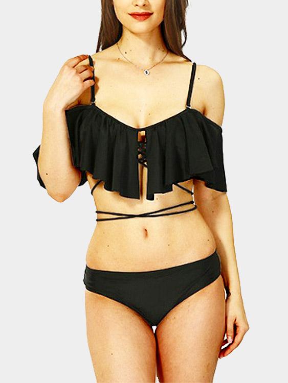 Black Off The Shoulder Short Sleeve Plain Crossed Front Backless 2 Piece Bikinis