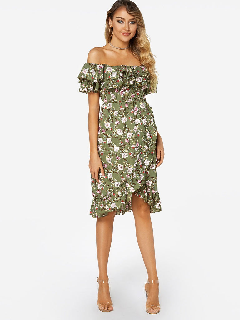 Ladies Green Off The Shoulder Dresses