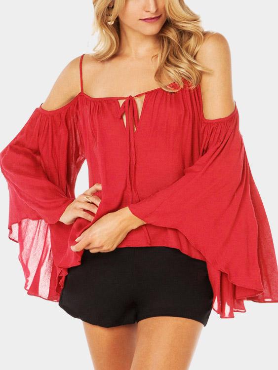 Cold Shoulder Irregular Hem Red Blouses